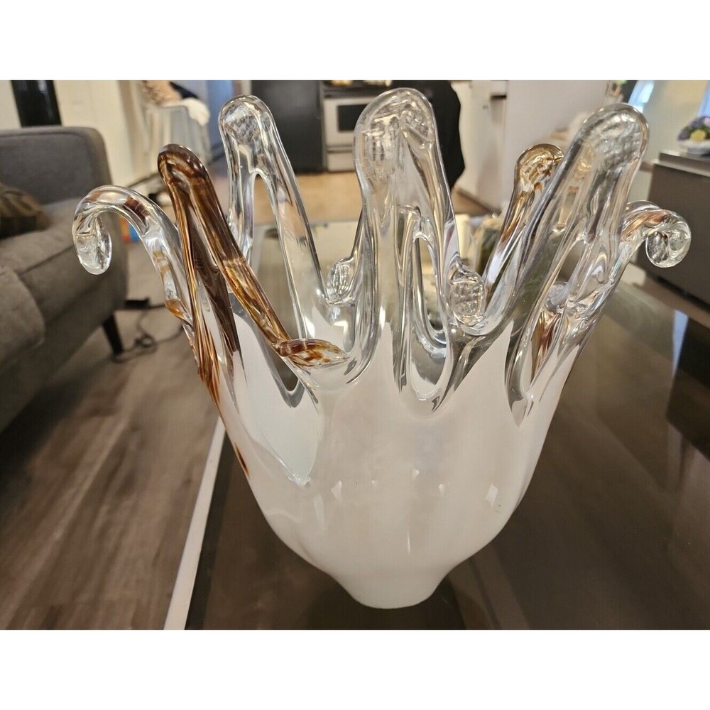 Murano Glass Vase 12"Tall Vase White Amethyst Clear Polished Pontil